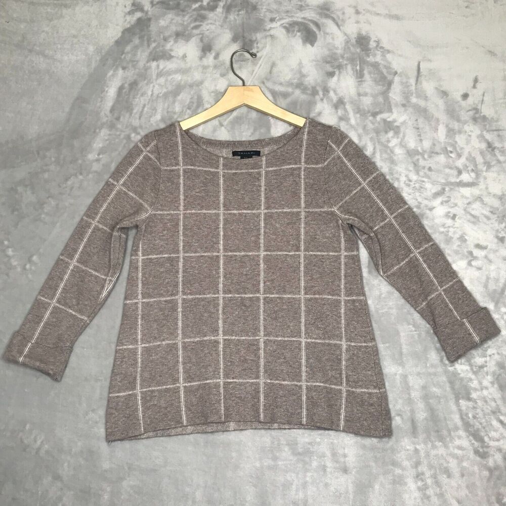 Tahari Sweater Womens Medium Oatmeal Window Pane Knit 3/4 Sleeve Crew Neck